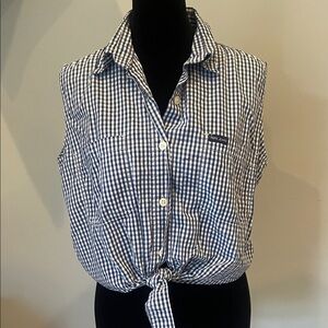 White and  Blue Gingham Sleeveless Shirt